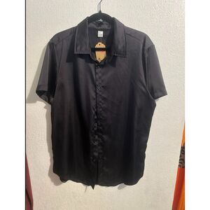 306 Black Satin Button Down Blouse Short Sleeve Collared Shirt, Silky Dressy Top